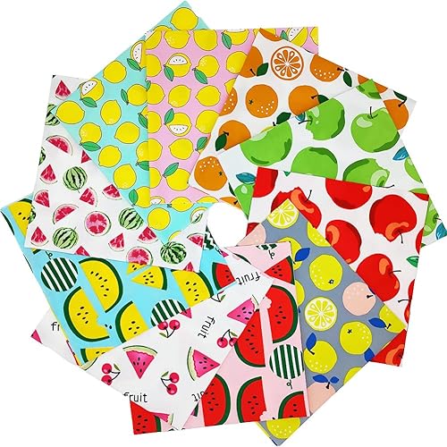 Fat Quarters Fabric Bundles, 10 Pcs 100% Cotton 19.69” x 19.69” (50cmx50cm) Precut Quilting Fabric Squares Sheets for DIY Patchwork Sewing Quilting Crafting, No Repeat Design (Fruit Pattern)