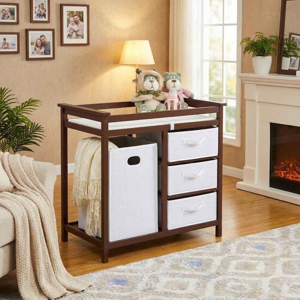 Garvee Wooden Baby Changing Table, Modern Diaper Changing Table, Infant Diaper Station Dresser with Laundry Hamper, 3 Drawer Basket- Storage Organizer for Baby Clothes, Diapers & Toys