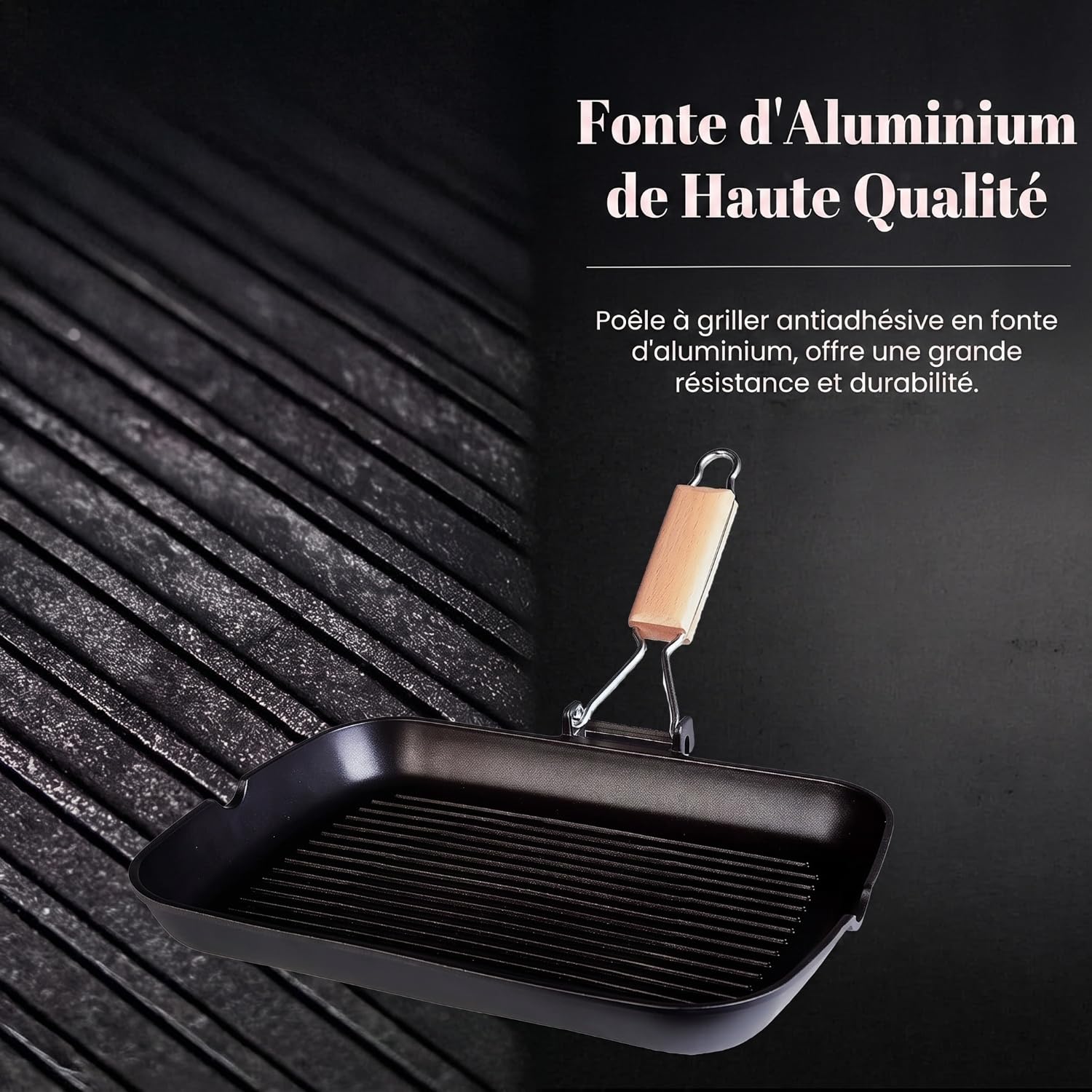 WECOOK! Ecostone Poêle à Griller Induction Ondulé, 34 x 24 cm, Antiadhésive ILAG Écologique sans PFOA, Fonte d'Aluminium, Épaisseur 5 mm, Poignée en Bois Pliable, Vitrocéramique, Gaz