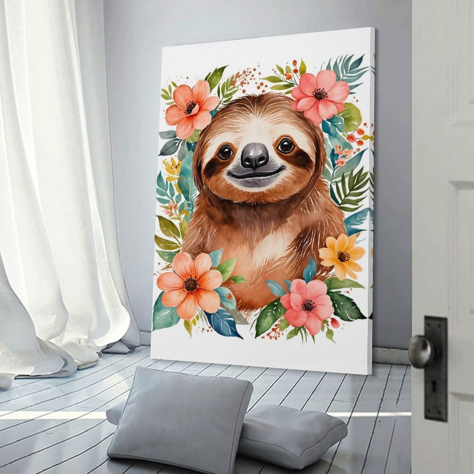 Junmoney Frame-Style-1 Sloth Flowers Watercolor Home Decor Wall Art 12X18inch(30X45cm), For Bedroom, Guest Room Or Reading Nook, Decorative Wall Art For Cosy Rooms