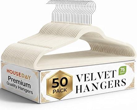 HOUSE DAY Ivory Velvet Hangers 50 Pack, Non Slip Clothes Hangers 17.25 inch | New Premium Slim Space Saving Clothes Hangers, 360 Swivel Hooks, Durable Closet Organizer for Shirts, Heavy Duty
