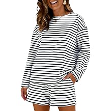PEHMEA Women's 2 Piece Striped Short Sets Cotton Summer Lounge Set | 100% Cotton Striped Matching Set, Long Sleeve Shirts Shorts, Elastic Waist with Side Pockets