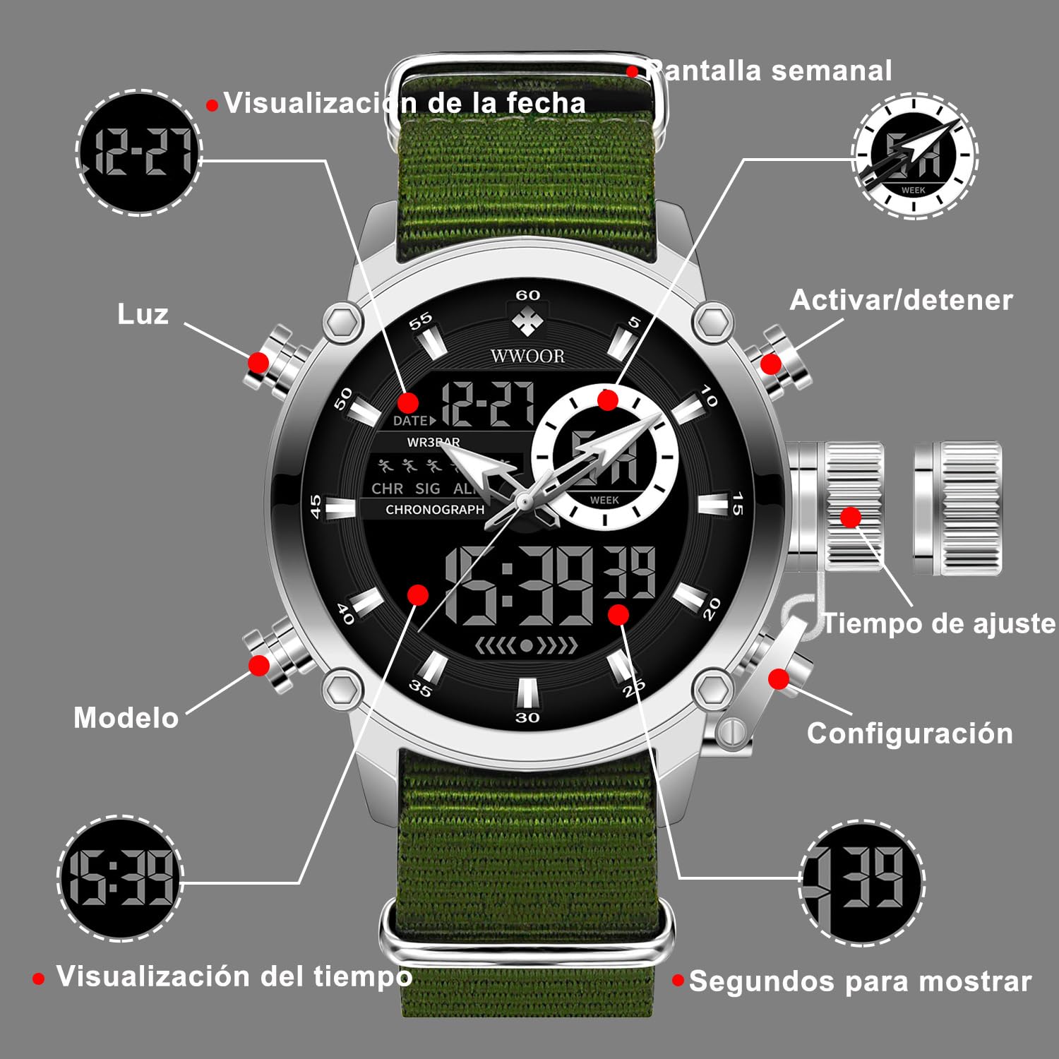 WWOOR Reloj deportivo para hombre,Relojes militares para,reloj electrónico táctico, reloj de pulsera LED, cronómetro, resistente al agua, relojes analógicos digitales