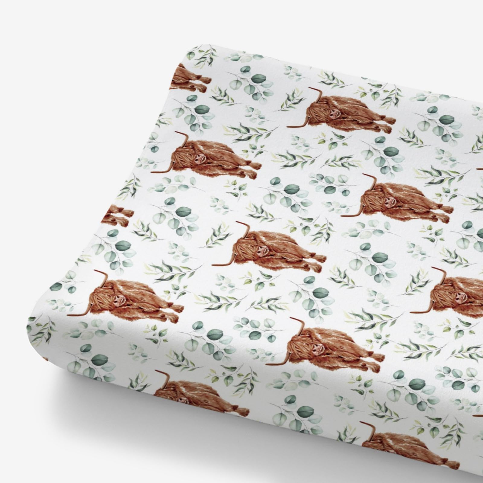 HawSkgFub Highland Cow Eucalyptus Leaf Changing Pad Cover for Baby Girl Boy, Natural Western Farm Animal Diaper Change Table Covers, Soft Stretchy Safe Snug Fitted Changing Mat Sheet Fit 32"/34" x 16"