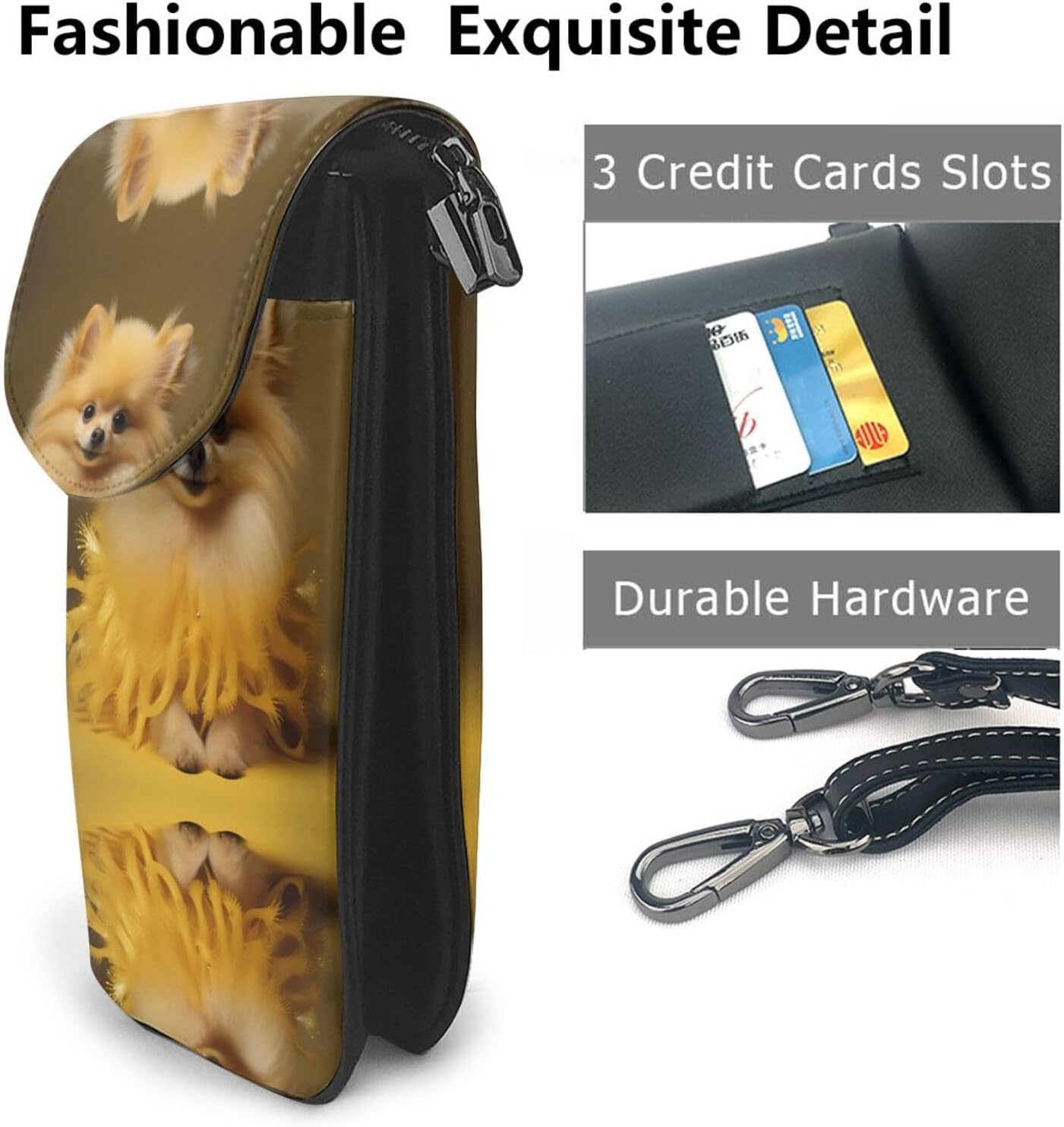 BROLEO women leather Cell Phone Purse Yellow pomeranian picture Multifunction,Soft, durable,Convenient for daily use and travel, Black, One Size
