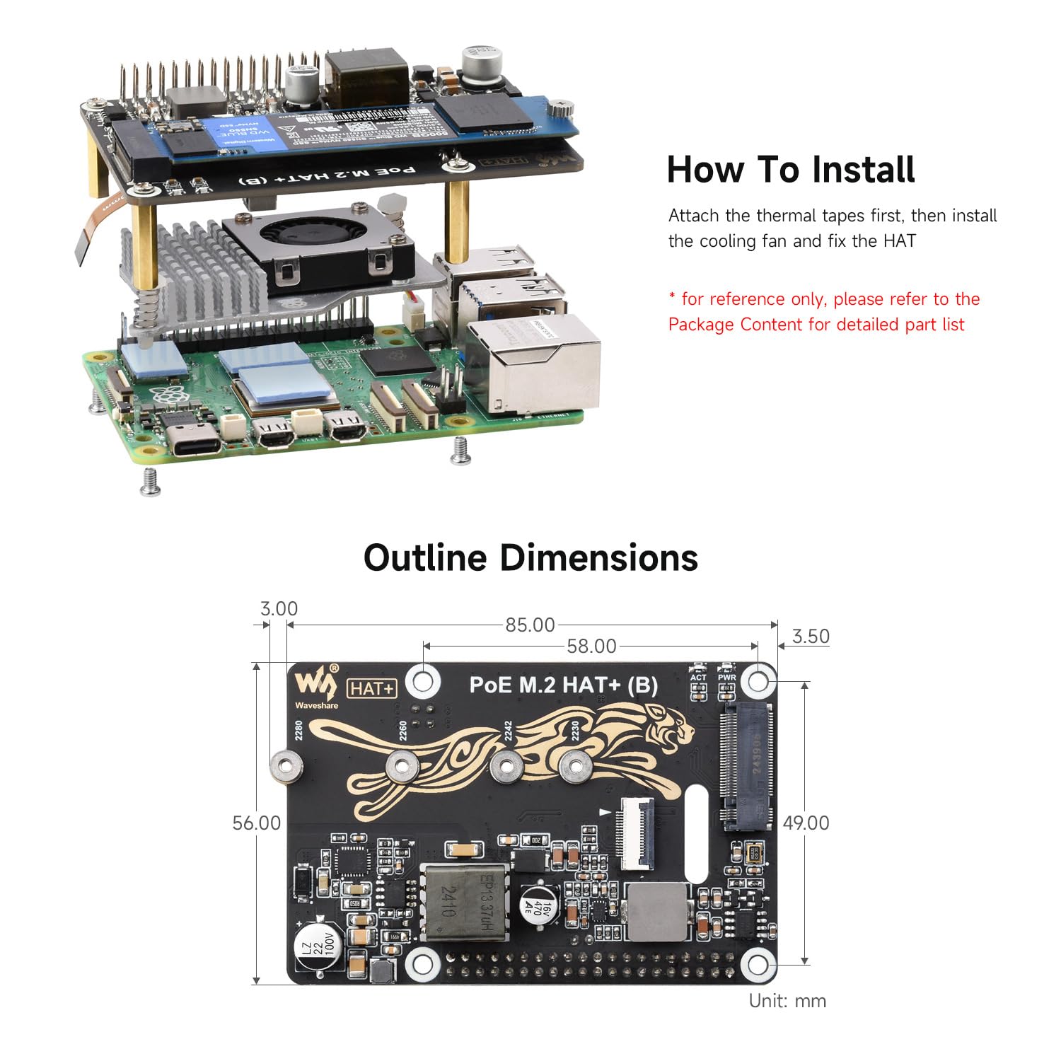 Waveshare PCIe to M.2 Adapter with PoE Function HAT+ (B), Compatible with Raspberry Pi 5, Supports POE NVMe Drive Protocol 2230/2242 / 2260/2280 M.2 Solid State Drive, High-Speed Reading/Writing