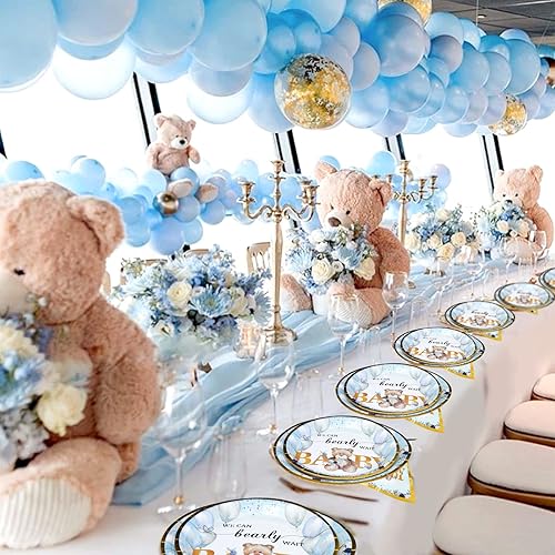 Miniatura 3 de Oso de peluche para baby shower, servilletas, vajilla  We Can Bearly Wait - Decoraciones de fiesta de oso de peluche azul, platos de papel