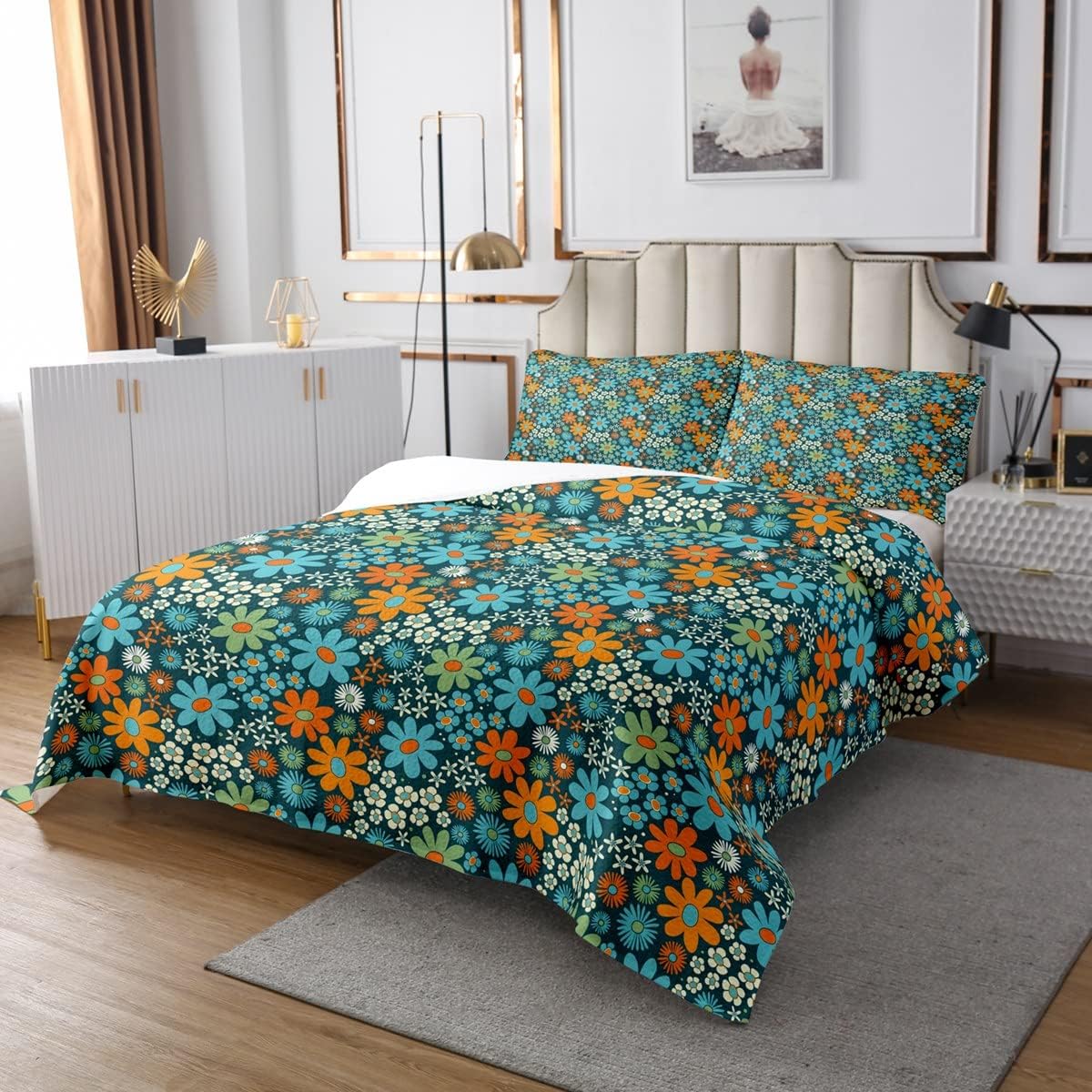 Amazon.com: Retro Floral Quilt Set Queen Size Vintage 70S 60S Groovy Coverlet Set for Kids ...