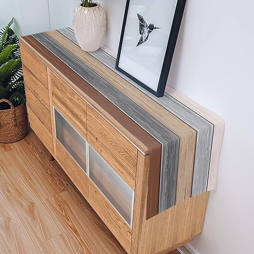 Miniatura 177 de Camino de mesa de algodón y lino estilo granja rústico retro, textura de madera de granero, color degradado marrón y gris, antideslizante,