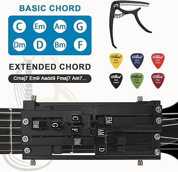 Guitar Chord Presser, Beginner Guitar Learning Tool with 11 Chords, Capo & Picks, Easy-to-Use Chord Helper for Acoustic Guitars (38-41), Gift for Beginners (Black)