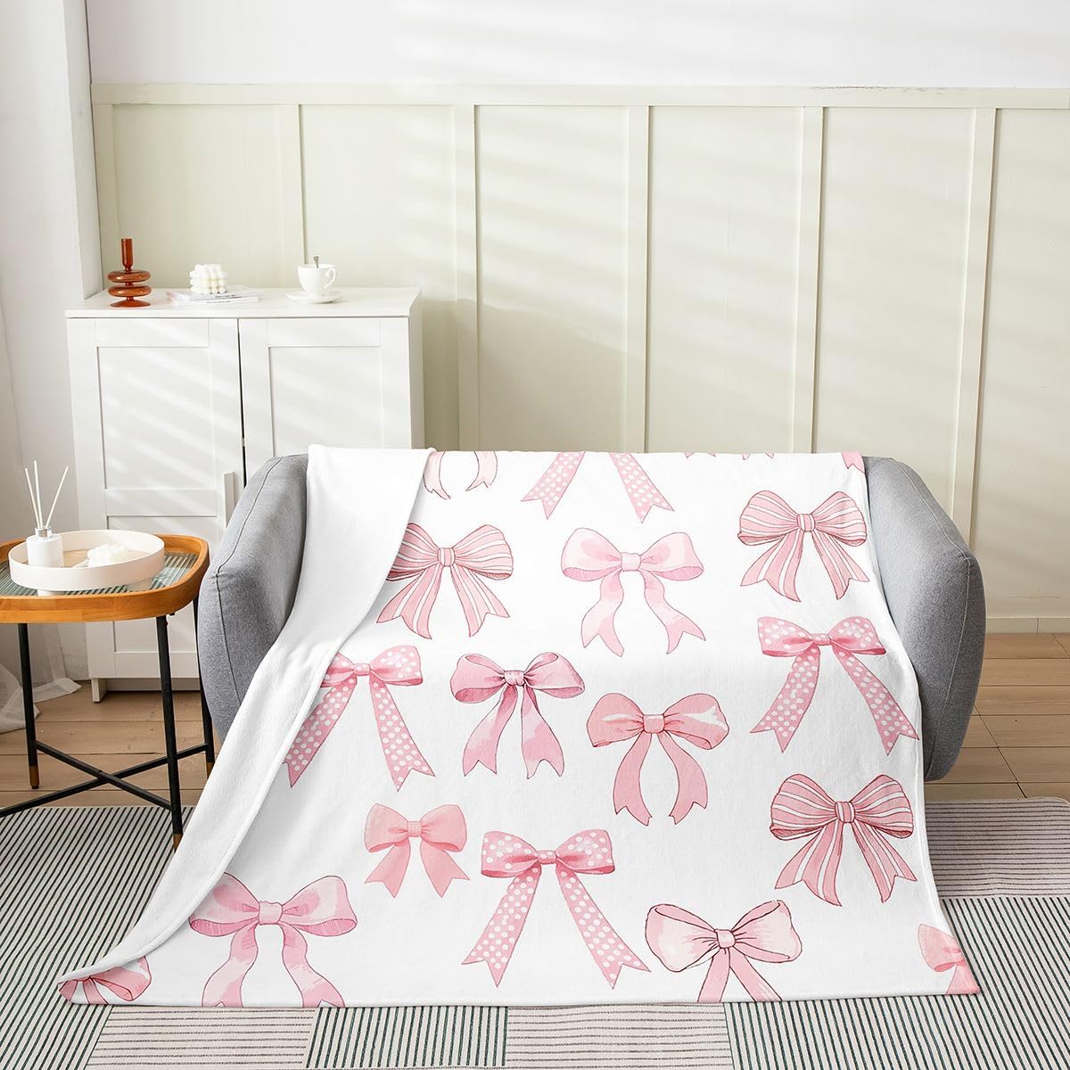 Cute Bowknot Flannel Blanket Plush Fuzzy, Baby 30"x40" Coquette Bows Fleece Throw Blanket for Boys Girls Children Girls Bow for Bed Couch Chair Living Room Soft All Season Gradient Pink White Princess