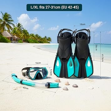 Snorkel Set Adults with Flippers, Snorkel Mask with Adjustable Open-Heel Swim Fins, Snorkeling Packages with Carrying Bag for Beginners and Snorkelers for Pool, Beach & Travel