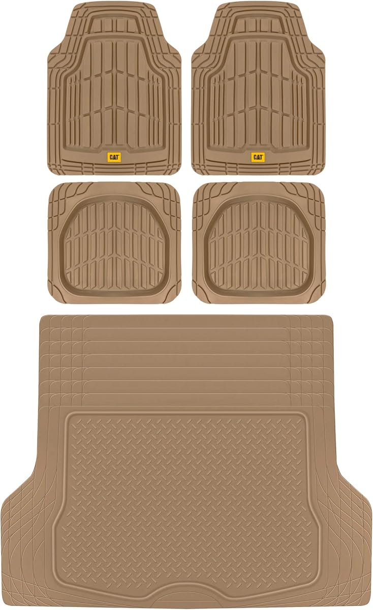 BDK USA by CAT® Automotive Tapetes de piso para automóvil de servicio pesado con tapete de carga trasero, revestimiento de carga para maletero para SUV - Adorno universal Caterpillar para todo clima para adaptarse a tapetes de goma combinados delanteros y traseros para automóvil y tapete para maletero de SUV