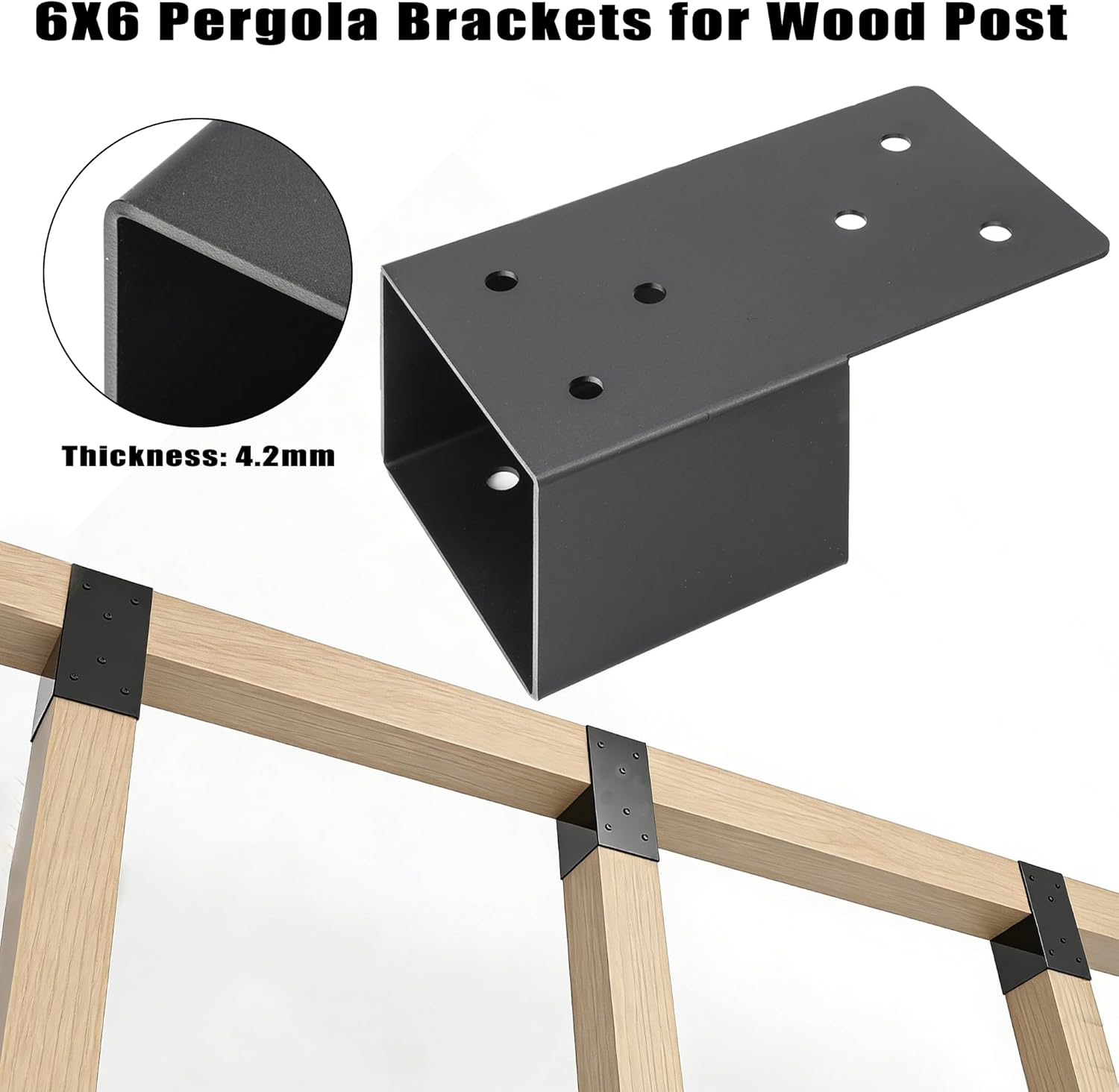 2 PCS 6x6 Post Cap Tie Brackets, Inner Size 5.5"x5.5" Heavy Duty Solid Steel Black Joist Anchor Connector for Wood Posts, 6x6 Post Brackets for Pergola Deck Railing & Gazebo Beams