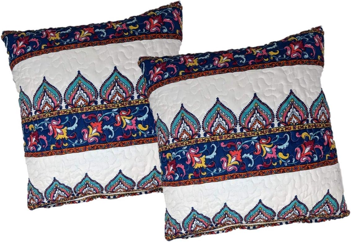 DaDa Bedding Set of 2-Pieces Bohemian Throw Pillow Covers - Earthy Meadow Quilted Cushion Cases Multi-Colorful Floral Paisley Garden - 18" x 18" - 2-Pack