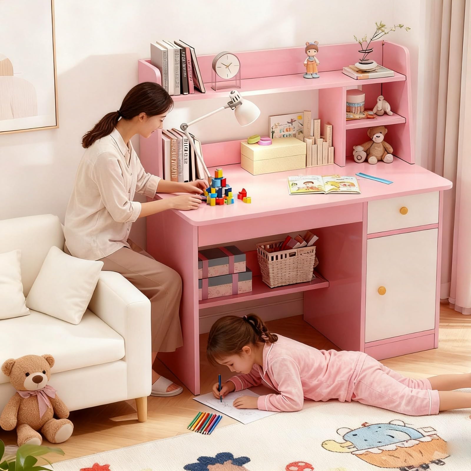 Scrivania per Bambini con Ripiani Armadietto Cassetto Tavolo Scrivania per Banco Scuola per Ragazzi In Legno Cameretta, Sala Studio A