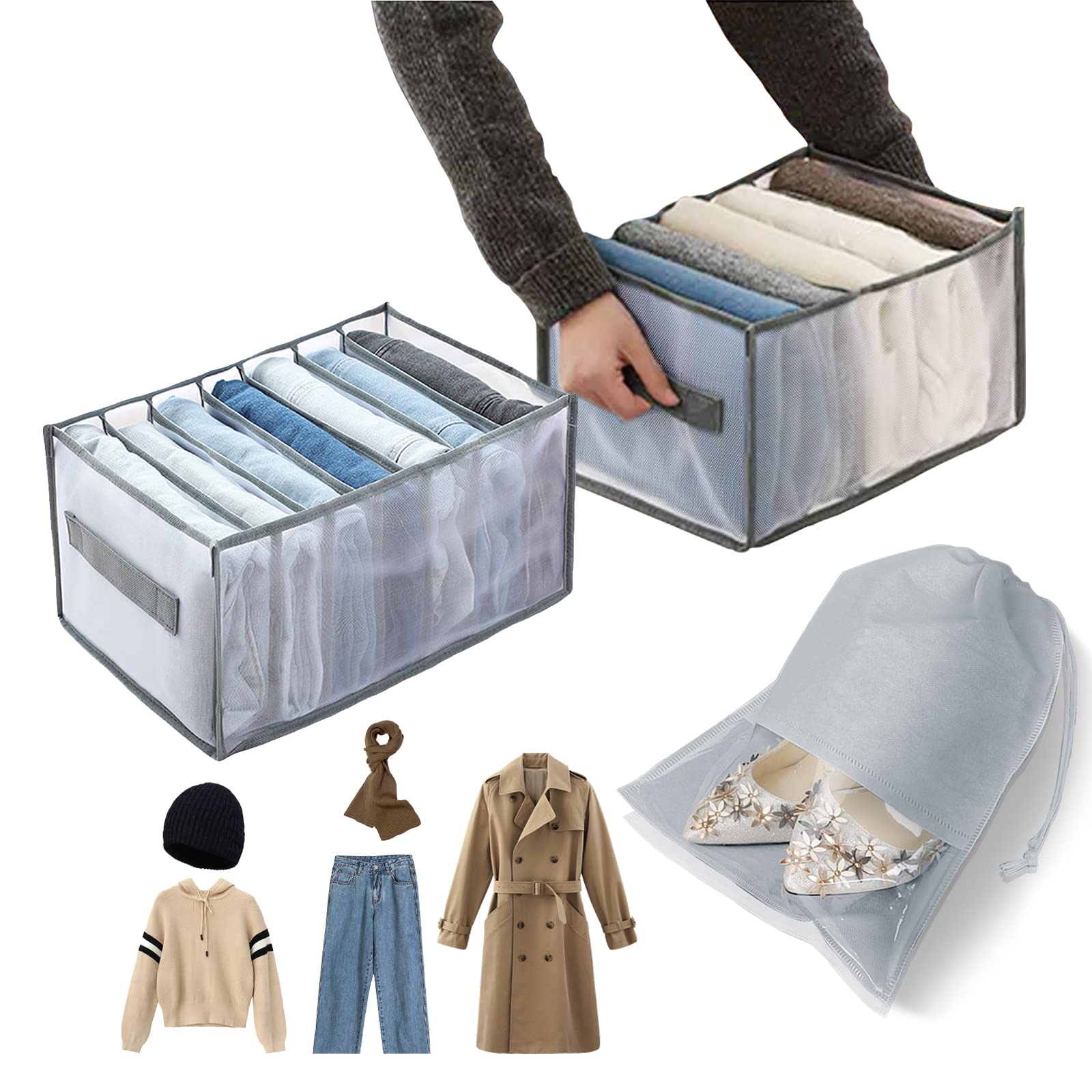 TOSCOS 4Pcs Clothes Drawer Organisers Foldable, Wardrobe Drawer Divider Clothes Storage Boxes Jeans Storage Organizer for Trousers, T-shirt, Leggings, 7 Grids/11 Grids