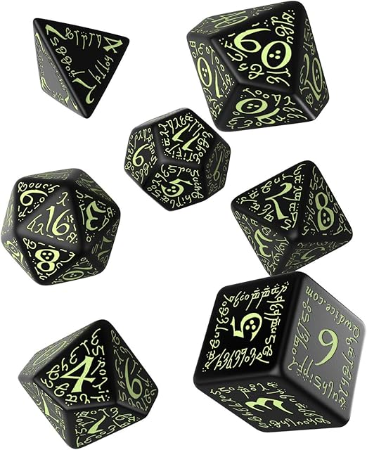 Q WORKSHOP Elvish black & glow-in-the-dark RPG ornamented Dice Set 7 Polyhedral Pieces