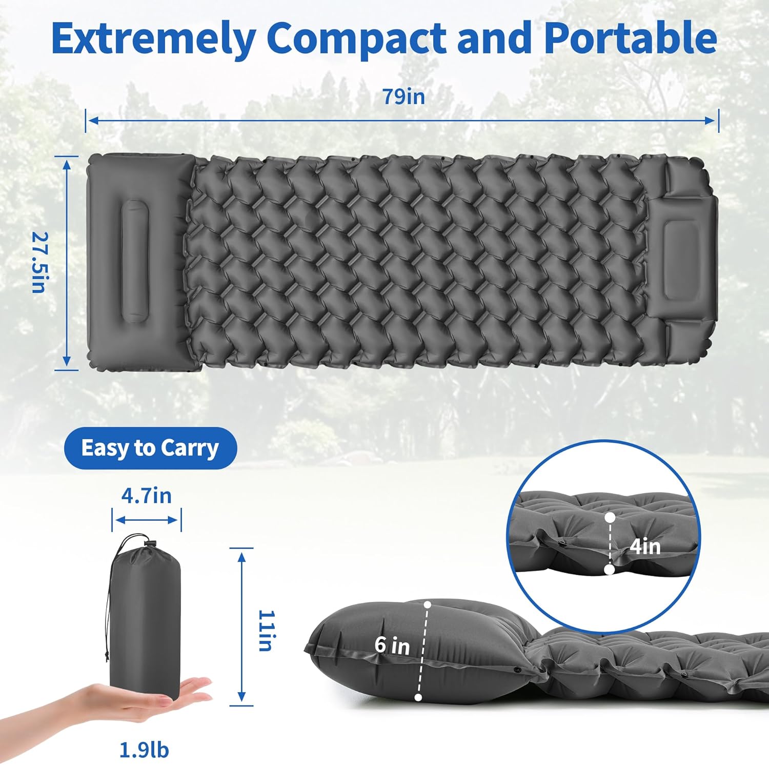 Sleeping Pad for Camping - 4” Thick Inflatable Camping Mat with Built-in Pump & Pillow, Ultralight Self Inflating Camping pad, Backpacking Sleeping Mat for Hiking, Tent, Traveling
