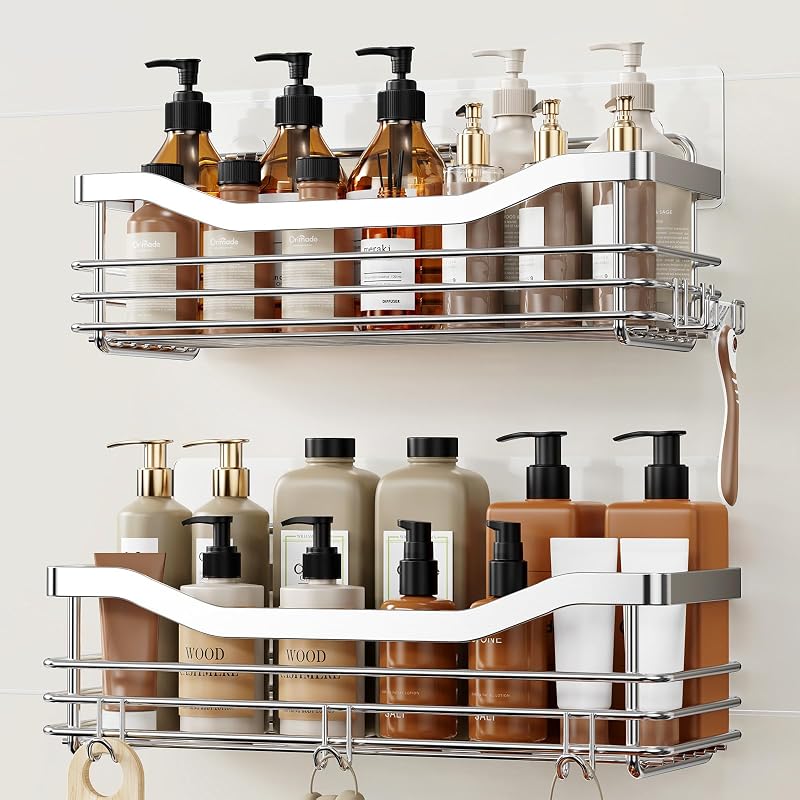 Orimade Estante para cesta de ducha con 5 ganchos, organizador adhesivo, estante de almacenamiento, resistente a la oxidación, montado en la pared, de acero inoxidable, sin perforación, para baño, inodoro, cocina, paquete de 2