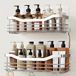 Orimade Shower Caddy Basket Shelf with 5 Hooks Adhesive Organizer Storage Rack Rustproof Wall Mounted Stainless Steel No