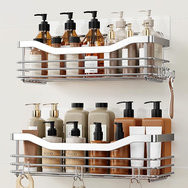 Orimade Shower Caddy Basket Shelf with 5 Hooks Adhesive Organizer Storage Rack Rustproof Wall Mounted Stainless Steel No