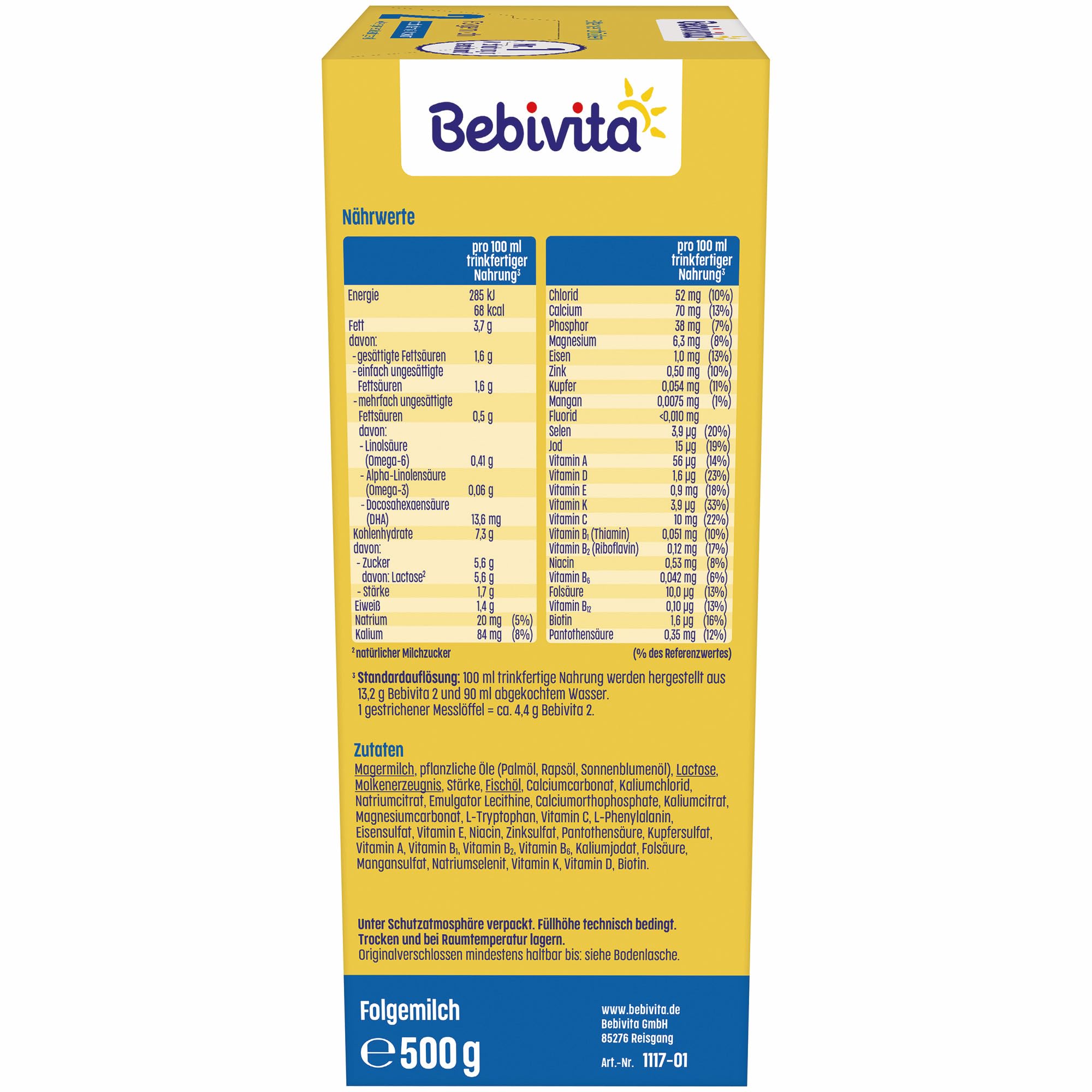 Bebivita 2 Folgemilch (4 x 500g), nach dem 6. Monat, mit Vitamin C und D, Omega-3 (DHA), altersgerecht sättigend