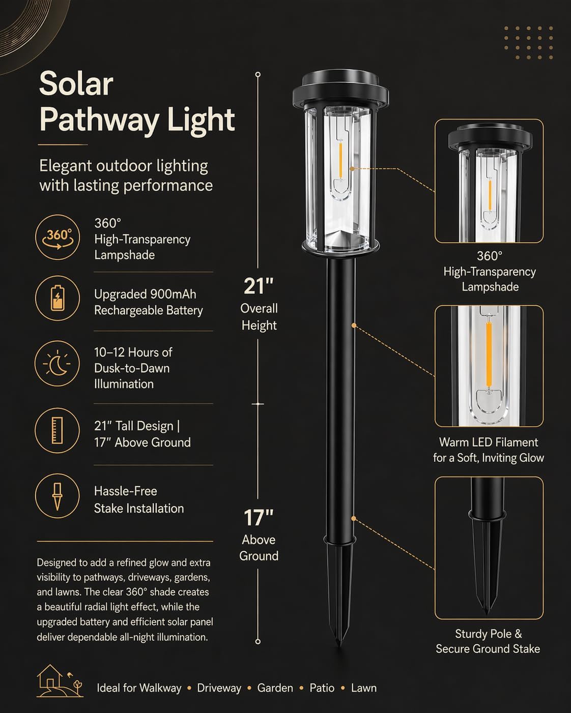 DERAYSION Solar Lights Outdoor Pathway, 8 Pack Large LED Solar Garden Lights, 21" Tall IP65 Waterproof Dusk to Dawn Outdoor Solar Lights for Yard, Path, Driveway