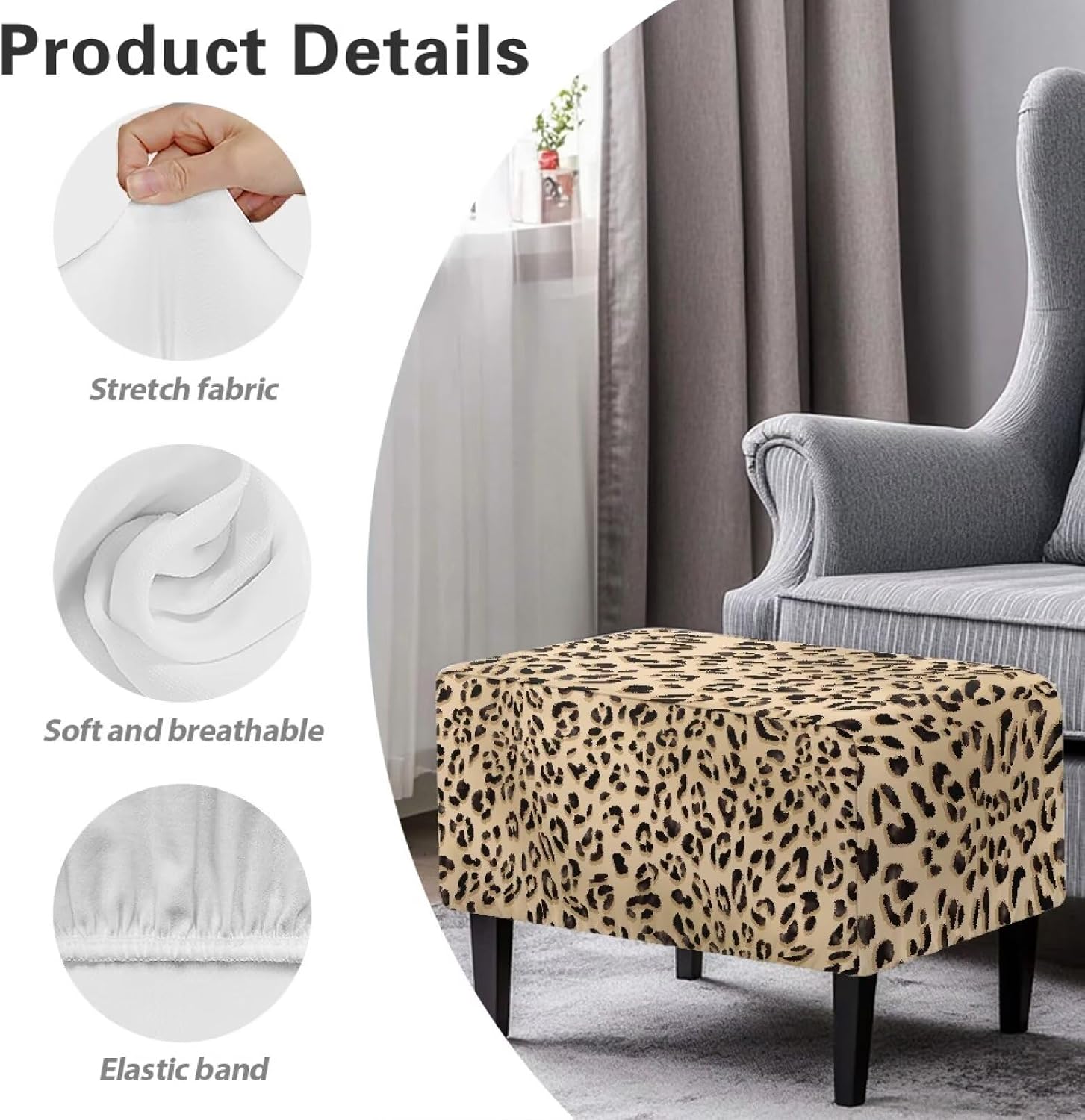Ottoman Cover Rectangle Leopard Print Stretch Square Ottoman Covers Slipcover Soft Storage Footrest Stool Cover Small Footstool Protection for Living Room Removable Footstool Cover