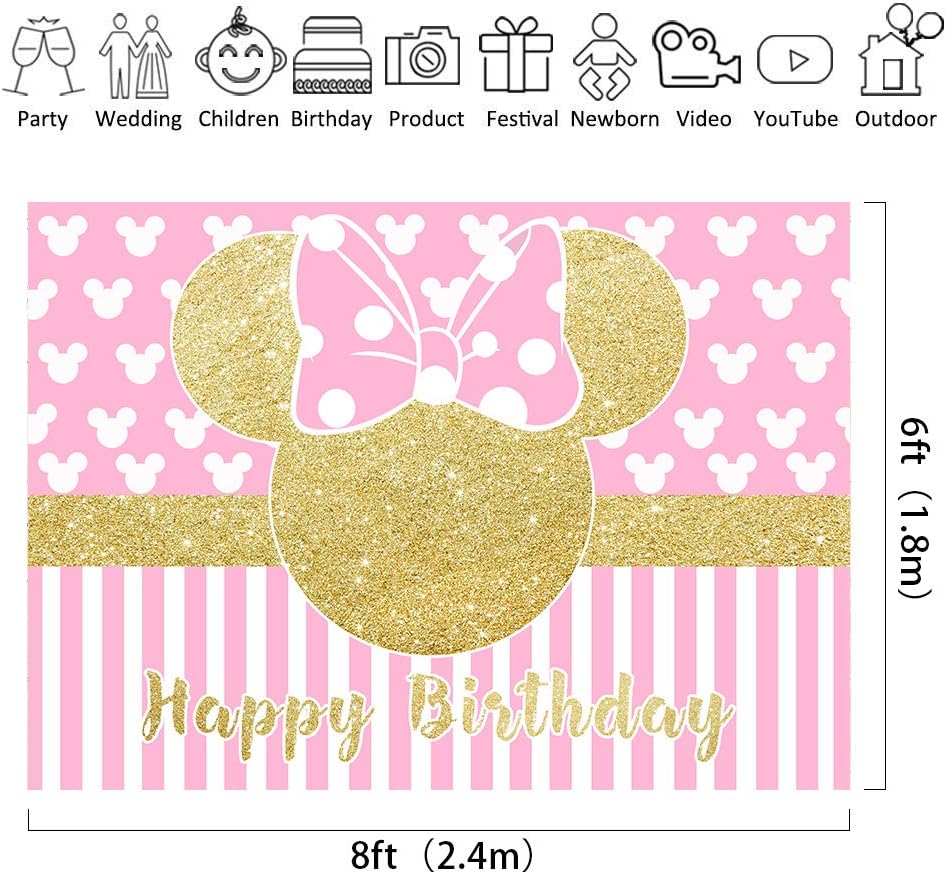 Riyidecor Cartoon Pink Mouse Backdrop Kids Happy Birthday Photography Background 8x6 Feet Gold Princess Decoration Background Photo Studio Celebration Party Prop Photoshoot Booth Vinyl Cloth