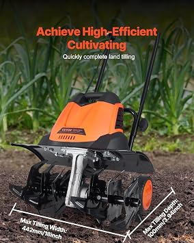 VEVOR 12 Amp Electric Tiller, 18 Tilling Width & 3.94 Tilling Depth, Corded Electric Cultivator with Adjustable Wheels, Steel Mn Tines, Rototiller for Garden Lawn Easy Soil Digging Cultivation