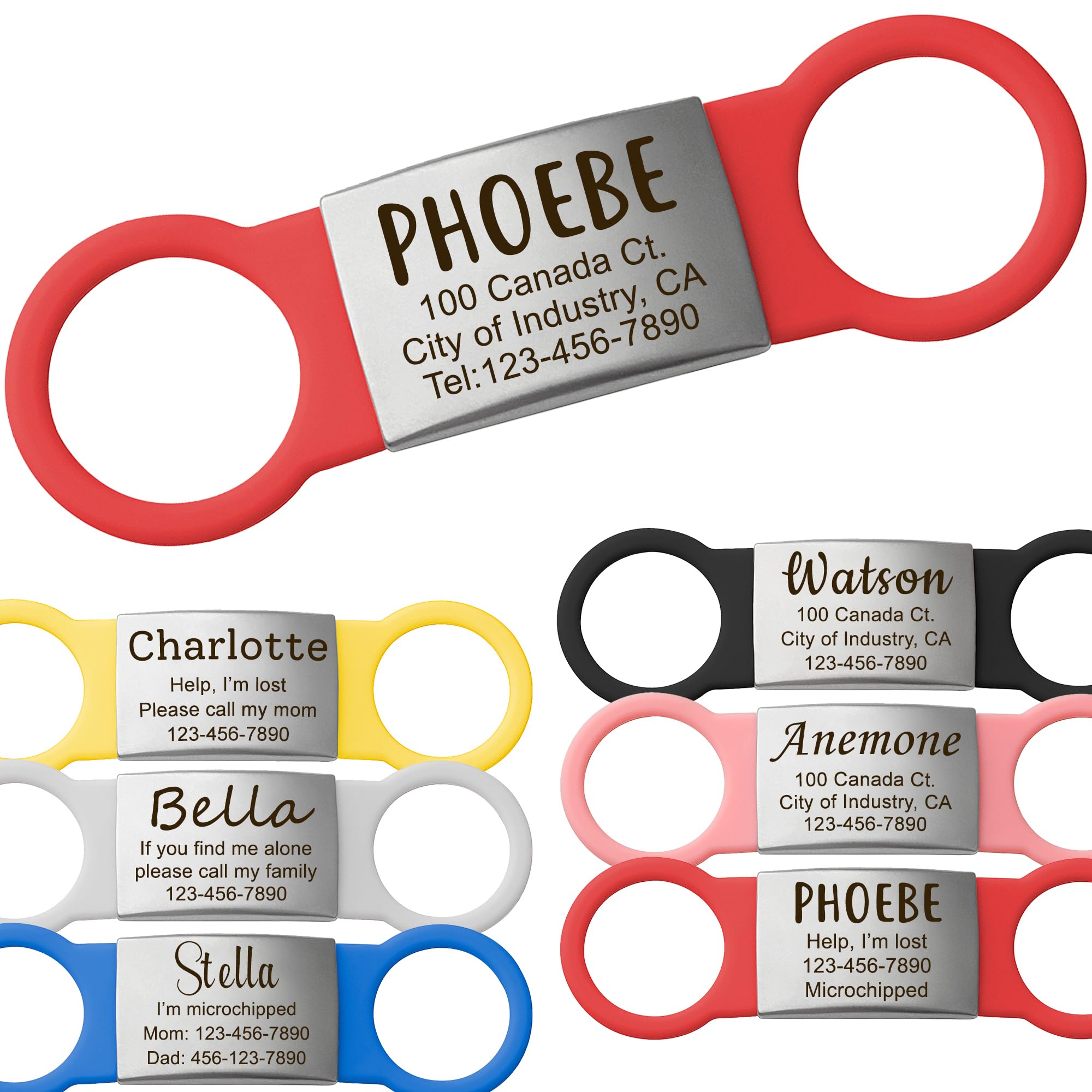 Anavia Slide On Silent Pet ID Tags, S/M/L/XL Personalized Multi-Color Silicone Band Cat Dog Name Tags, Customized Engraved Stainless Steel, Chew-Proof