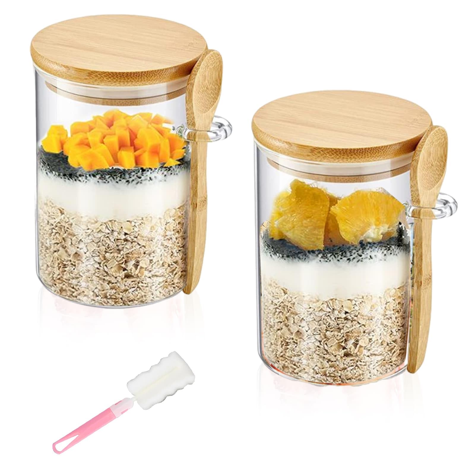 Weeloo Transparent Overnight Oats Jar 2Pcs Glass Containers With Airtight Lids And Spoons, Food Storage Containers With Cleaning Brush, Overnight Oat Jars For Pudding Kitchen Coffee Tea Sugar Bath Salts