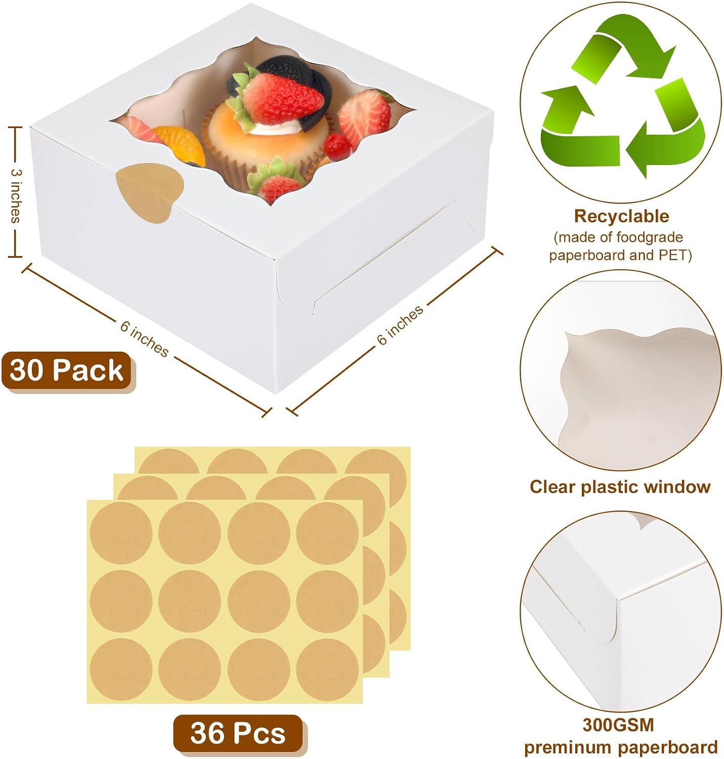 30 Pcs White Bakery Boxes with Window and Stickers, 6 X 6 X 3 Inches image 2