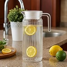 Water Jug - Detox Glass Jugs with Lid for Dining Table - Elegant 1100 ml Transparent Pitcher for Juice, Iced Tea, Infused Water, Milk, Lemonade, Hot & Cold Beverages, Droplis