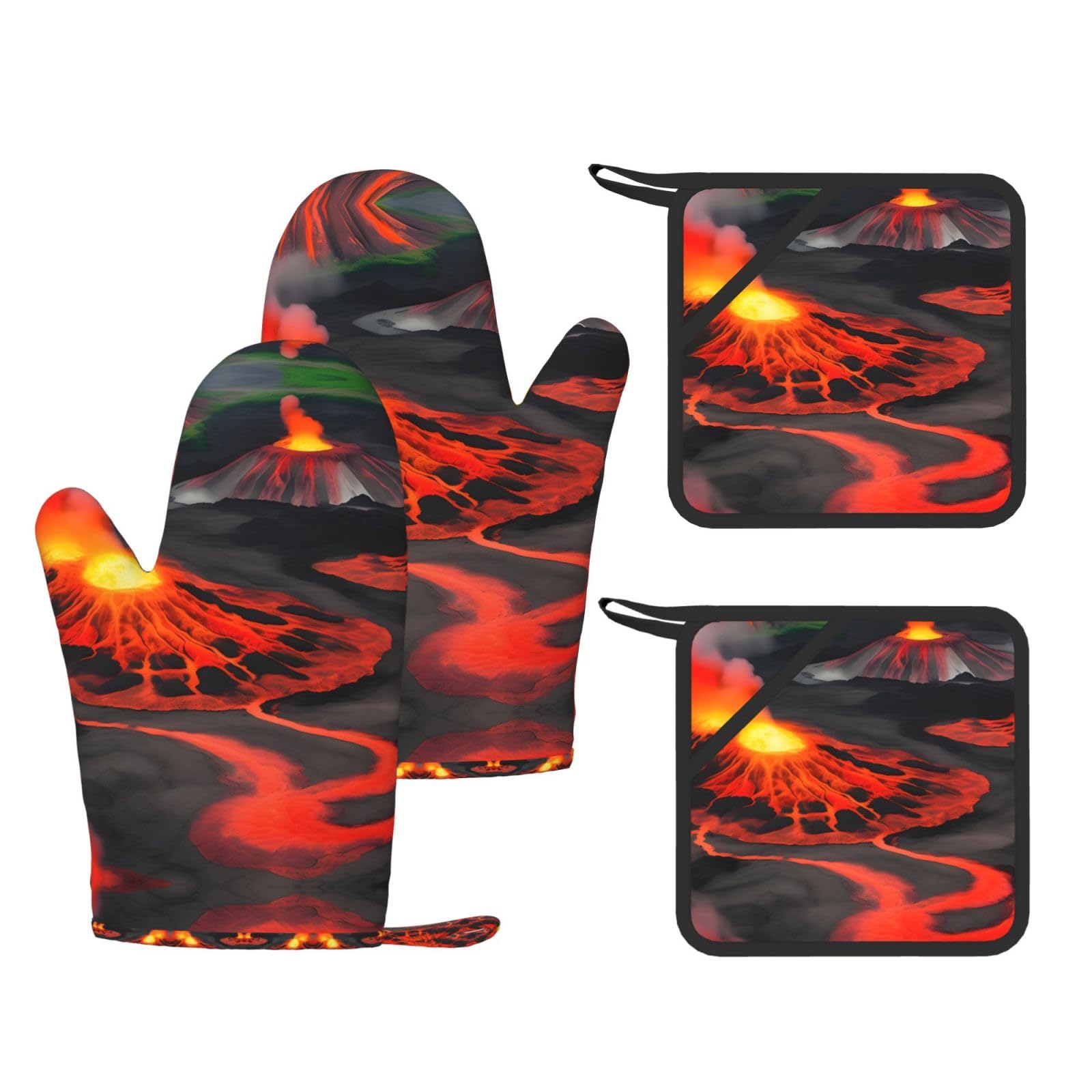 Kilauea Volcanos Printed Oven Mitts with Pocket and Hot Pads, Silicone Non-Slip Kitchen Gloves for Baking BBQ