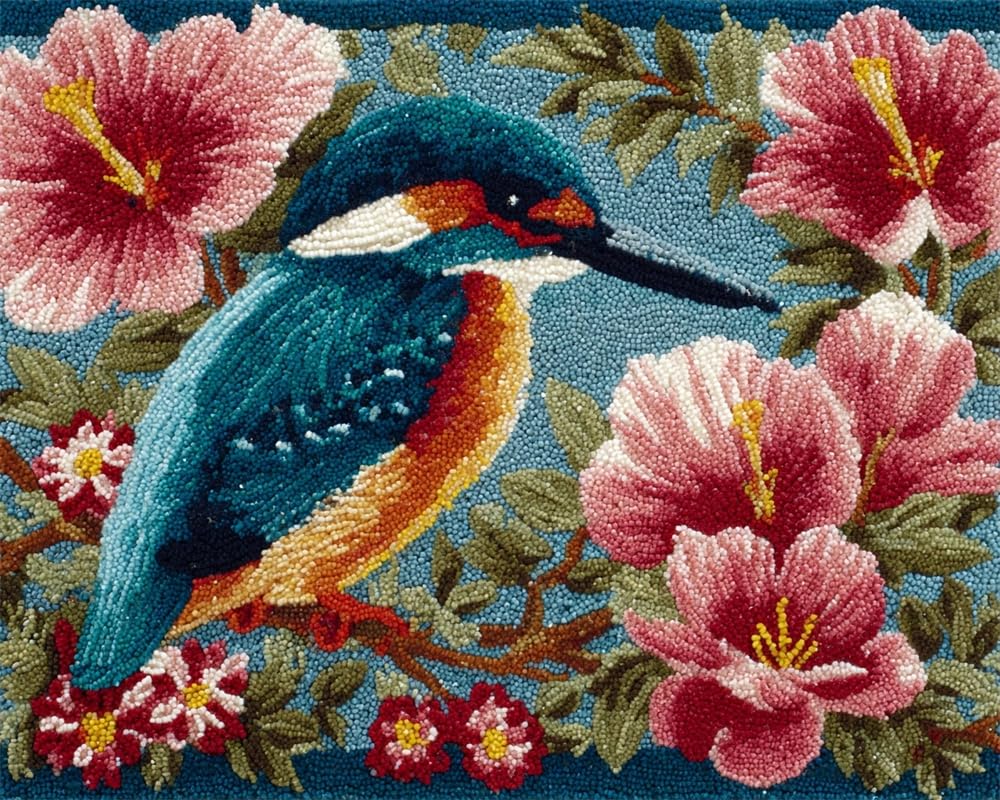 Kitquiver Rug Kits for Adults Latch Hook Pre Printed Kingfisher and Flowers DIY Crochet Yarn Embroidery Handmade Needlework with Printed Canvas for Home Decoration 15X20In