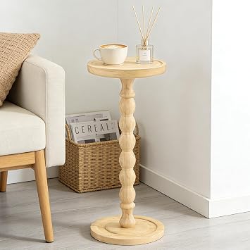 Small Round Side Table for Small Spaces, Wood Pedestal Drink Table & Narrow End Table for Living Room Couch, Modern Bedside Nightstand for Bedroom & NurseryNatural Wood