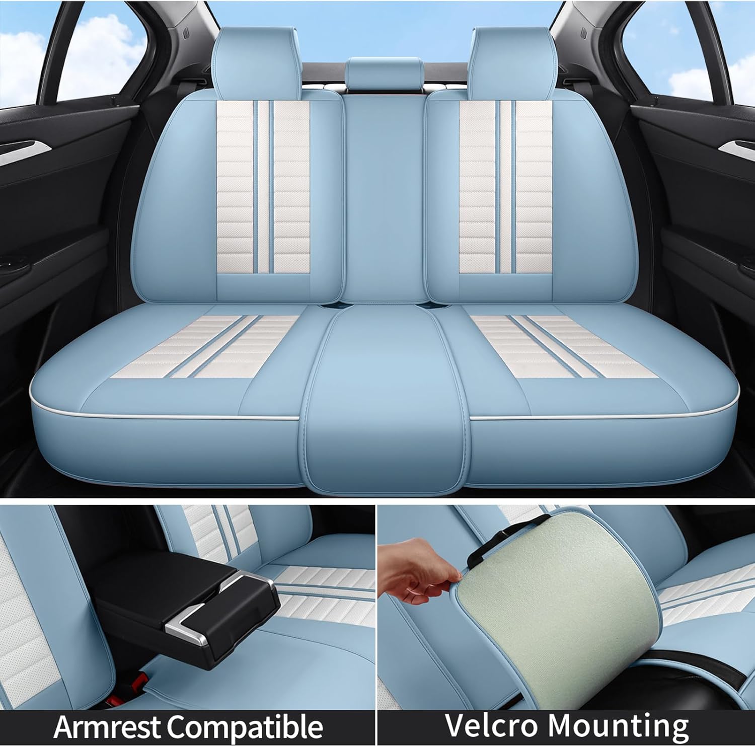 Car Seat Covers Full Set with Waterproof Leather, Luxury Universal Automotive Vehicle Cover for Cars SUV Pick-up Truck, Heavy Duty Seat Protector Car Interior Accessories (Blue White)