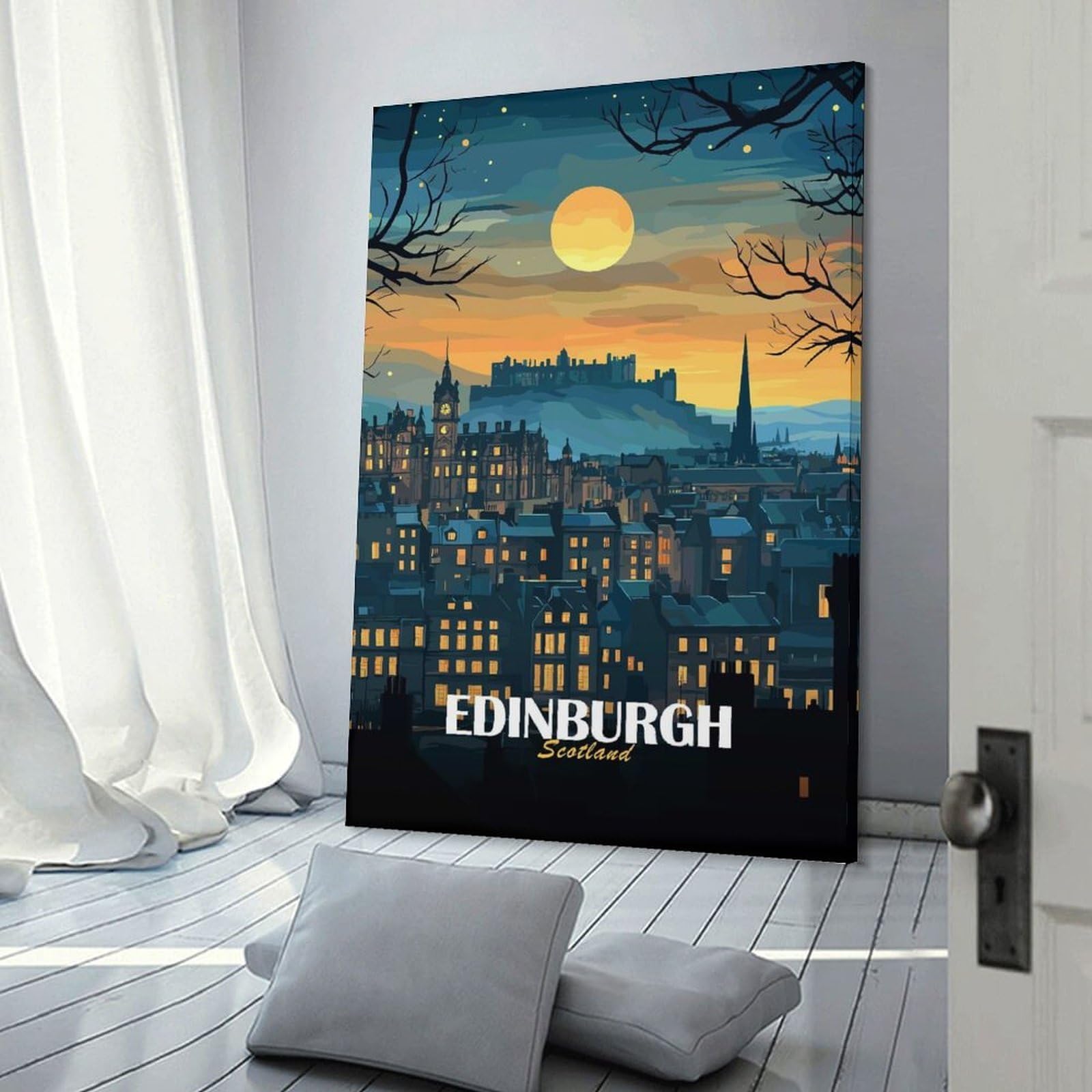 Junmoney Frame-Style-19 Edinburgh Scotland Nightscape Illustration Home Decor Wall Art, 12X18inch(30X45cm), For Wall Displays, Bedrooms Or Room Updates, Ideal For Building A Coordinated Art Wall