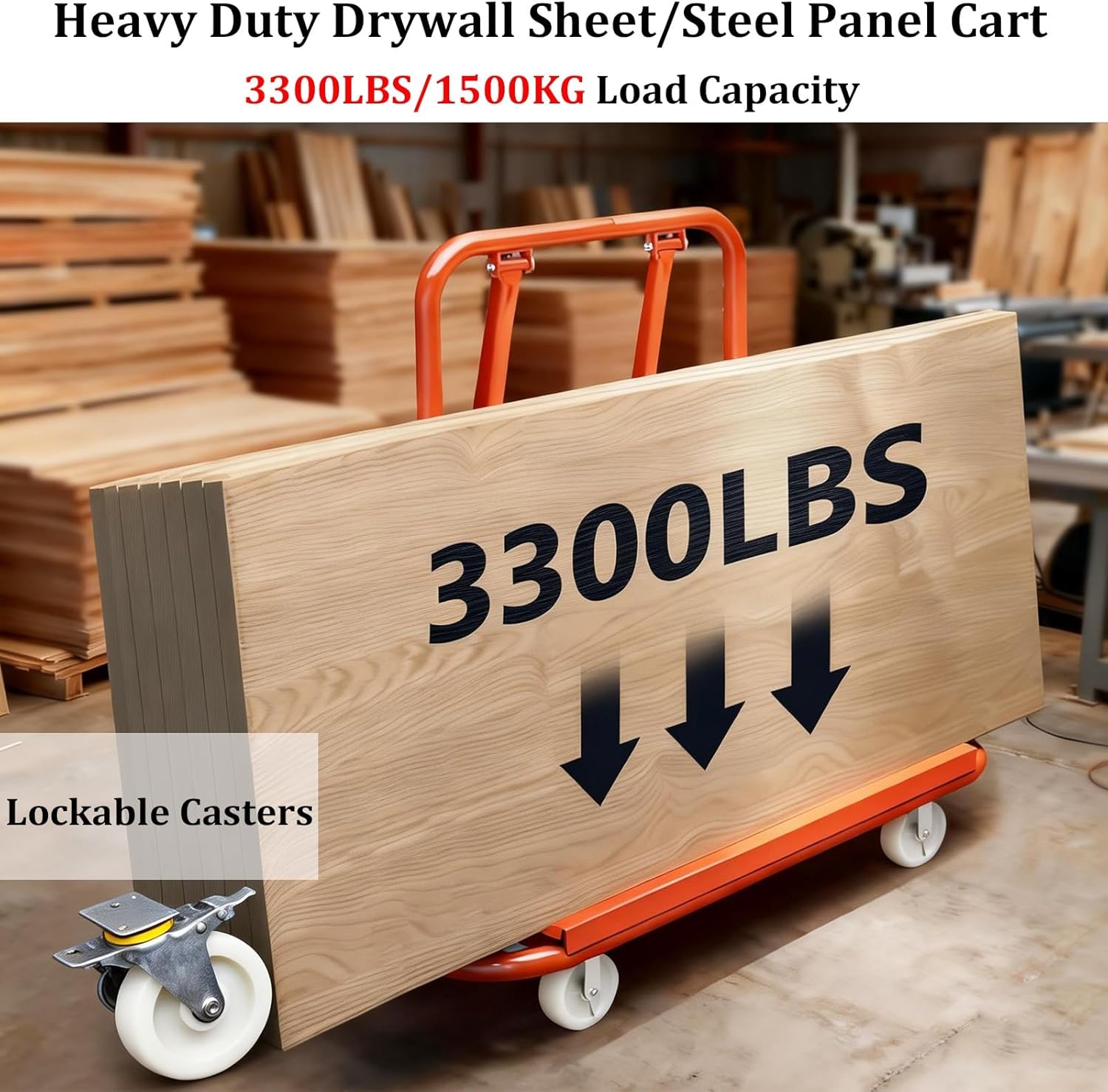 Heavy Duty Drywall Sheet Cart & Panel Dolly, 3300lbs Load Capacity Glass Handling Cart with Rubber Protective Strips & Lockable Wheels, Drywall Sheet Cart for Warehouse Factory