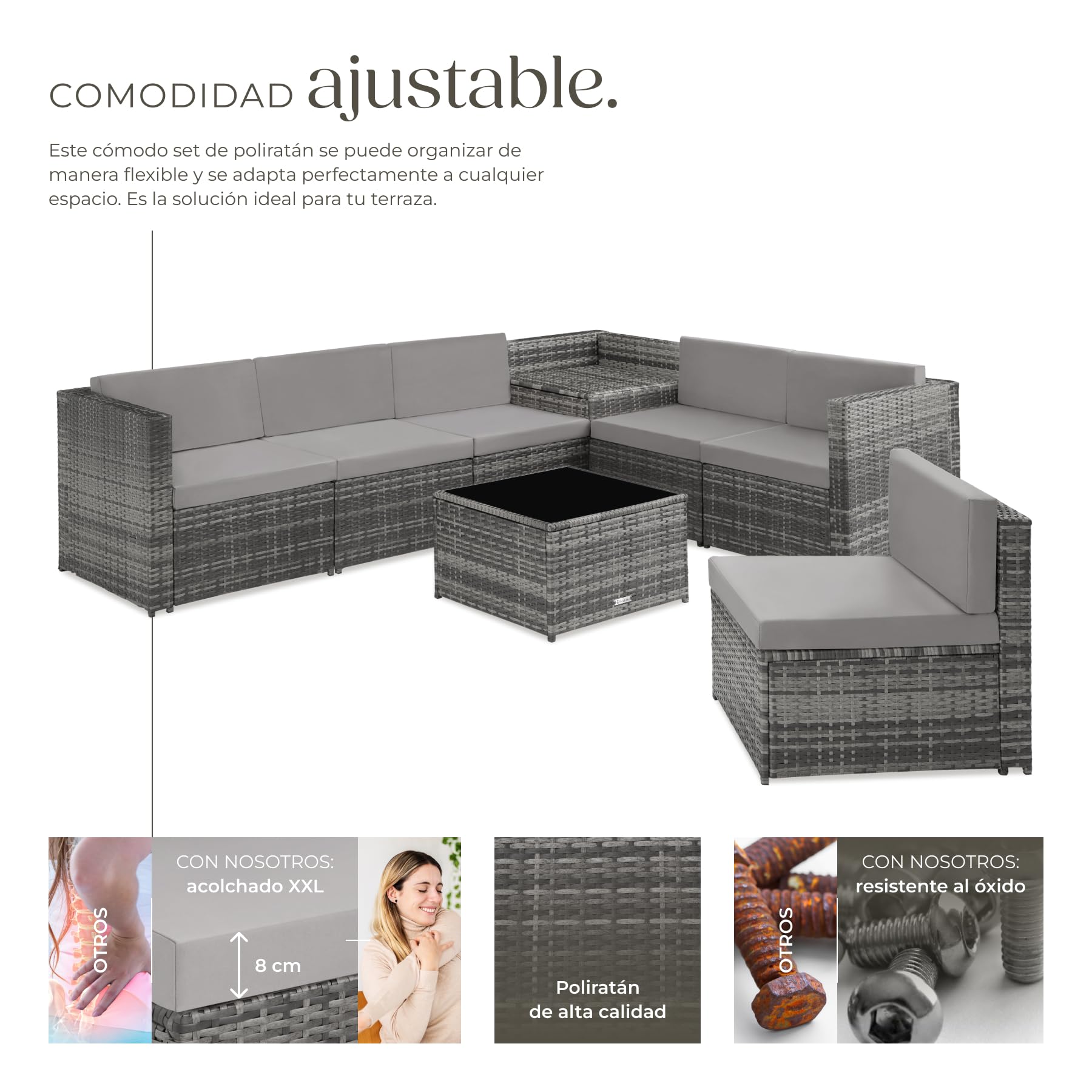 tectake® Conjunto Jardín de Ratán, Muebles Jardín Exterior 6 Sillones, 1 Mesa con Cristal, 1 Baúl Almacenamiento, Conjunto Terraza Resistente a la Intemperie, con Cojines, Estructura en Acero - Gris