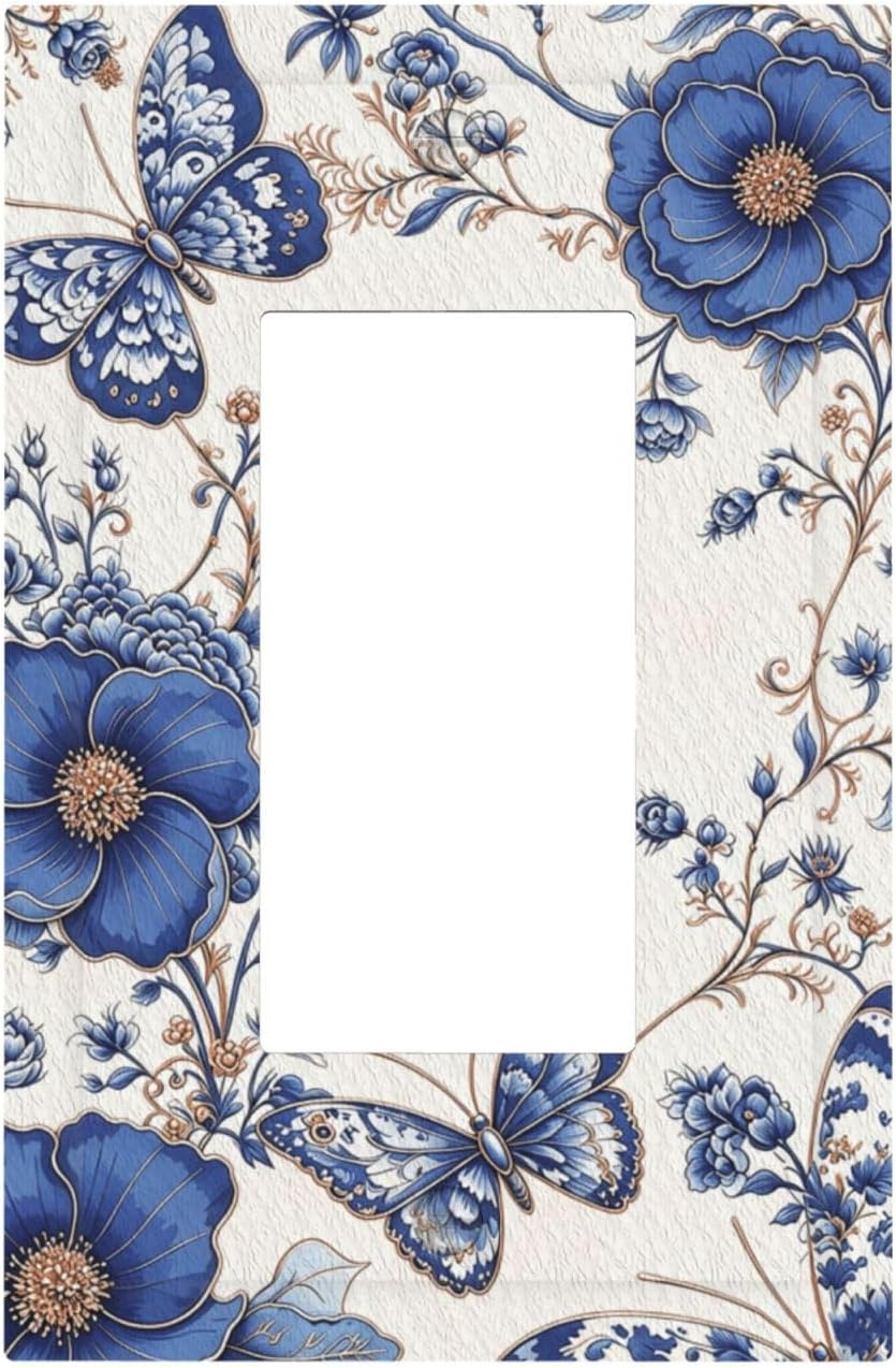 Decorative Outlet Covers Vintage Blue Butterfly Floral 1 Gang Rocker Light Switch Covers Single Decora Gfci Device Wall Plate for Bedroom Bathroom Home Decor