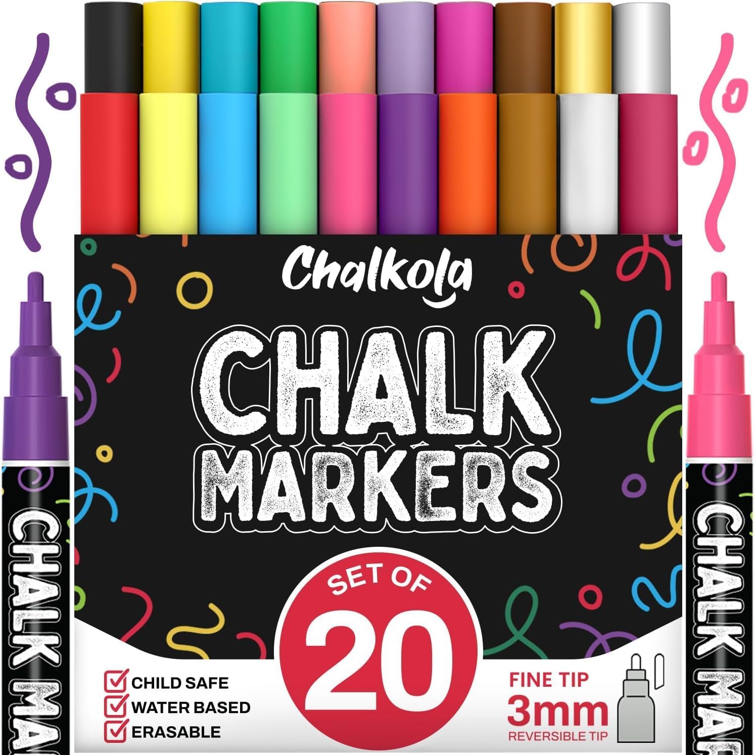 Chalkola (チョルコラ) 黒板用細字液体チョークマーカー 20本 (3mmリバーシブルチップ ネオン パステルカラー + ゴ