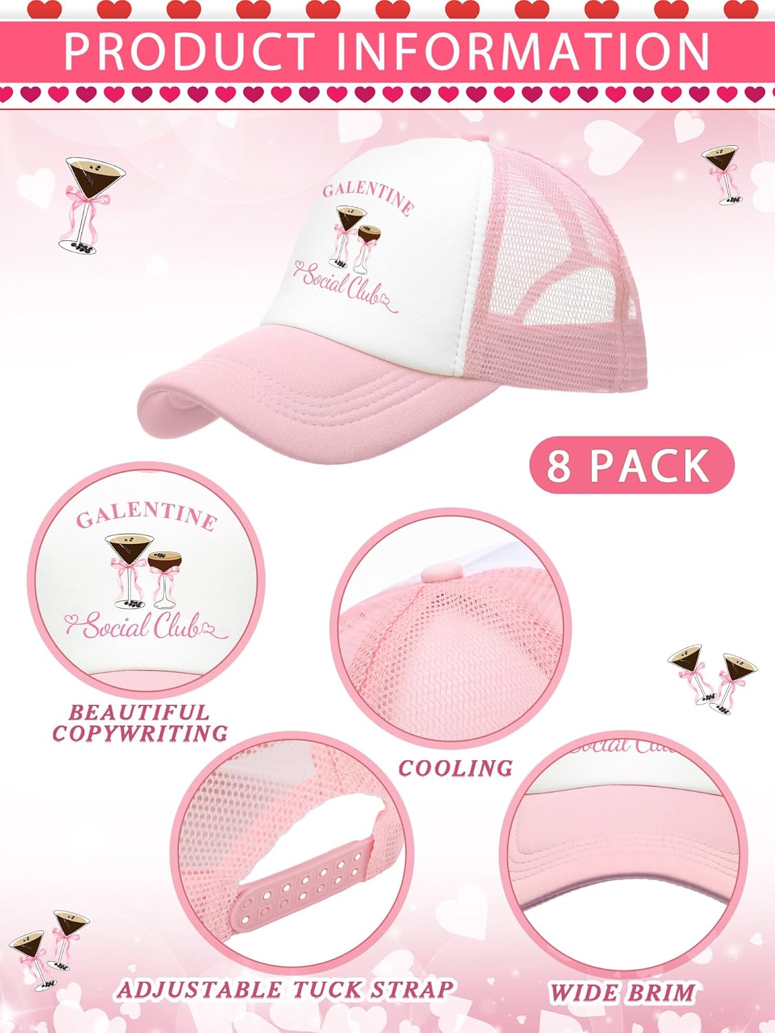Suhine 8 Pack Galentine Trucker Hats for Women Valentine's Day Social Club Cap for Bestie Friends Galentine Gang Caps Valentine Sleepover Party Favors Goodie Bag Stuffers - Image 2