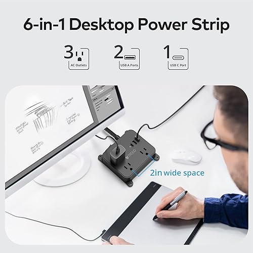 Miniatura 10 de TROND Cable de extensión de 15 pies de largo, regleta de alimentación de enchufe plano con 3 salidas de CA, 2 puertos USB-A, 1 puerto USB-C,