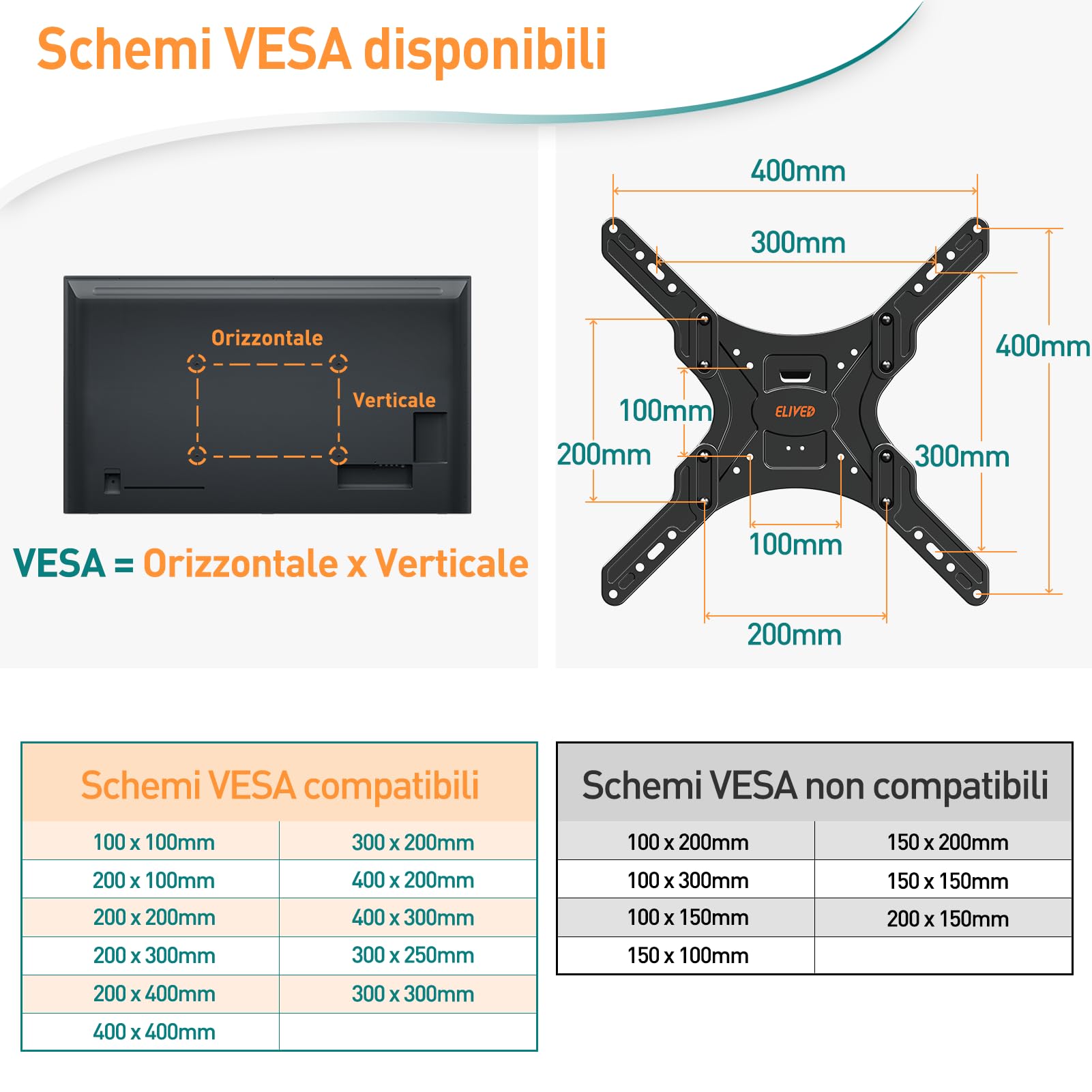 ELIVED Supporto TV a parete a braccio lungo Supporto TV ad angolo per la maggior parte dei televisori da 26 a 60 pollici Estensione di 749 mm Max VESA 400x400 mm fino a 35KG EV3017