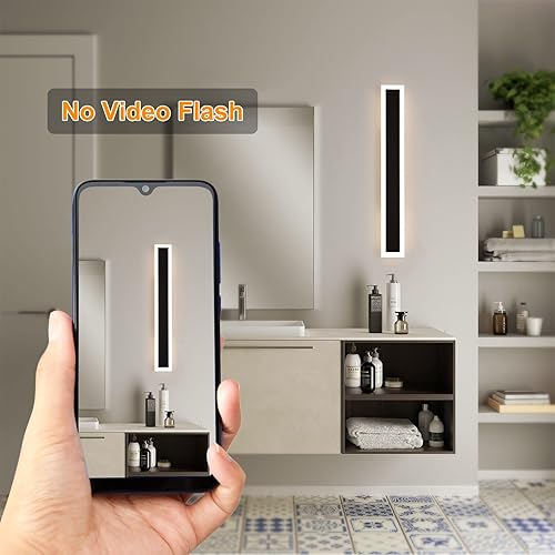 Miniatura 6 de DIKAIDA Moderno aplique de pared enchufable para interiores y exteriores, 24 pulgadas, luz LED de pared negra mate de 20 W, blanco cálido, 3000 K,