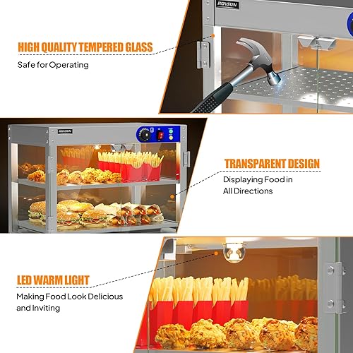 Vista 5 de ROVSUN Calentador de Alimentos de 2 Niveles, Calentador de Pizza, Calentador de Alimentos Comercial con Iluminación LED, Estantes Desmontables