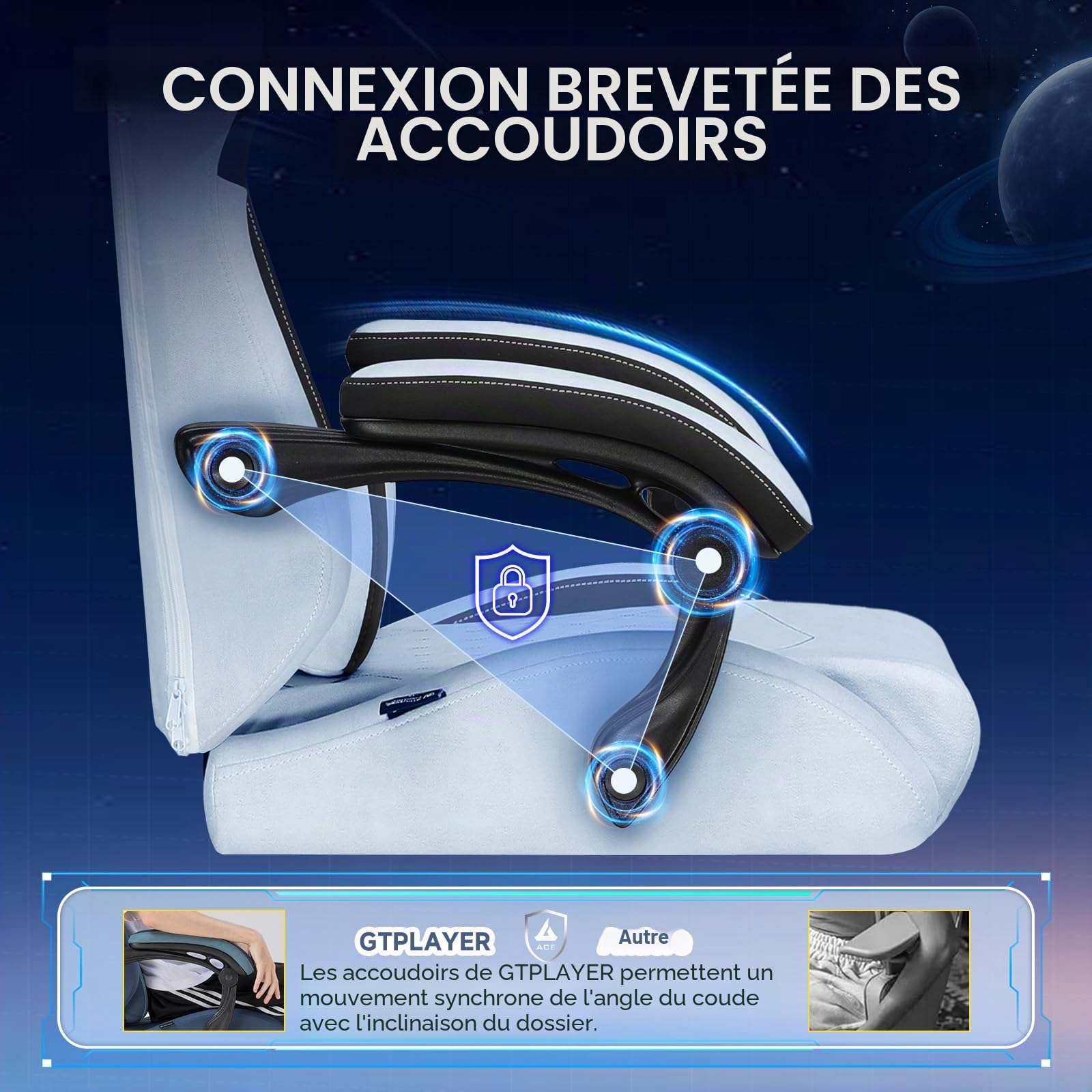 GTPLAYER Chaise de Jeu, Ergonomique, en Velours High-Tech, avec Soutien Lombaire - Chaise PC avec Dossier élargi - Charge maximale : 150 kg - Bleu Claire